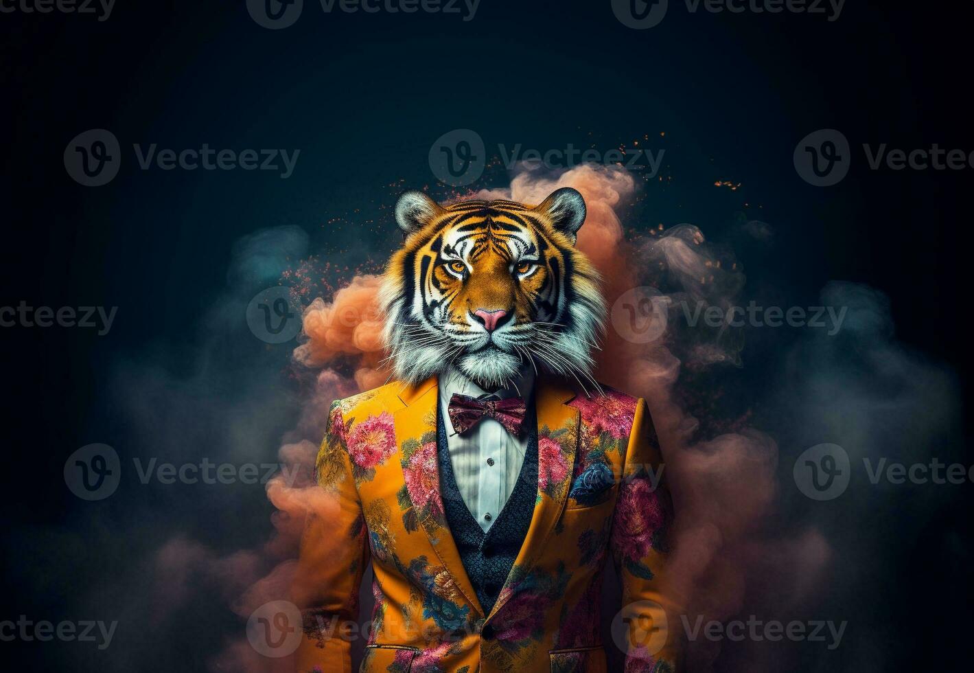 Front view of a tiger wearing a suit standing animated bur. AI Generative. photo