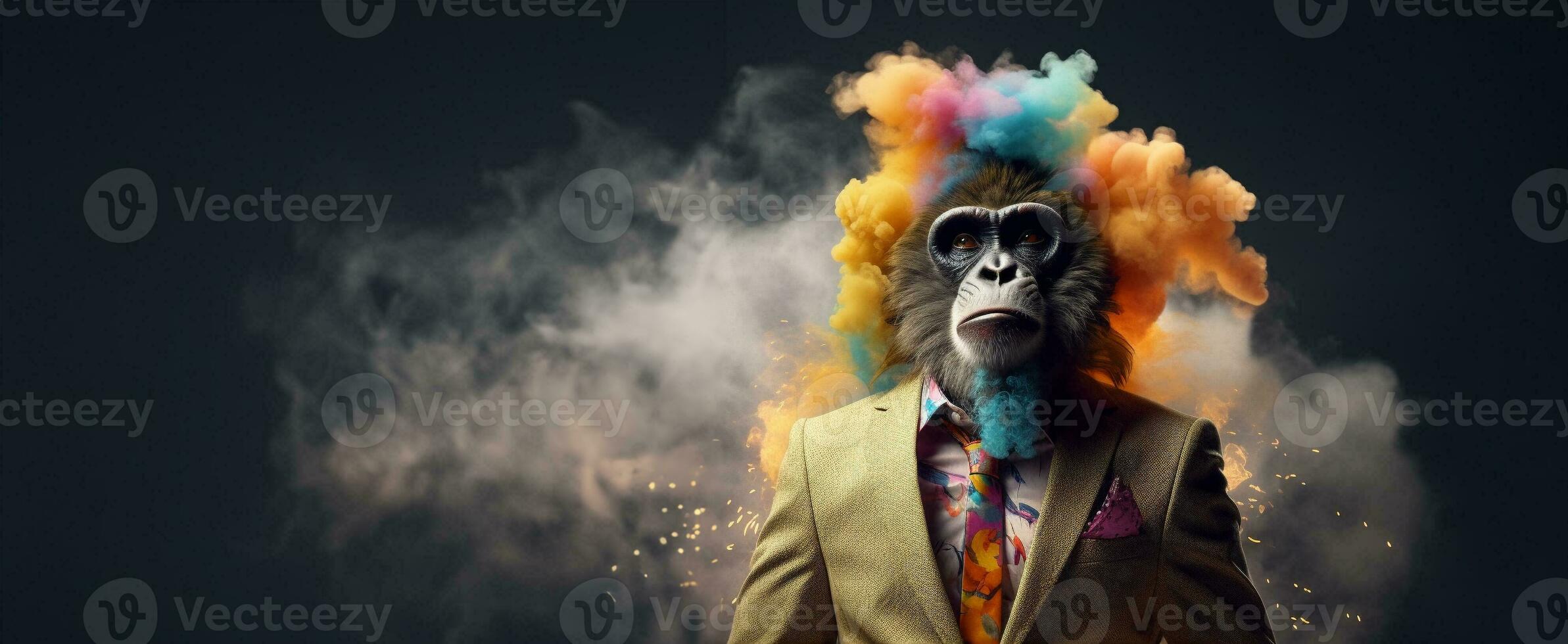 Front view of a monkey wearing a suit standing animated burs. AI Generative. photo