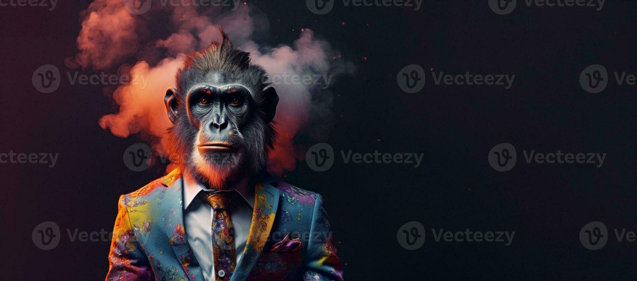 Front view of a monkey wearing a suit standing animated burs. AI Generative. photo