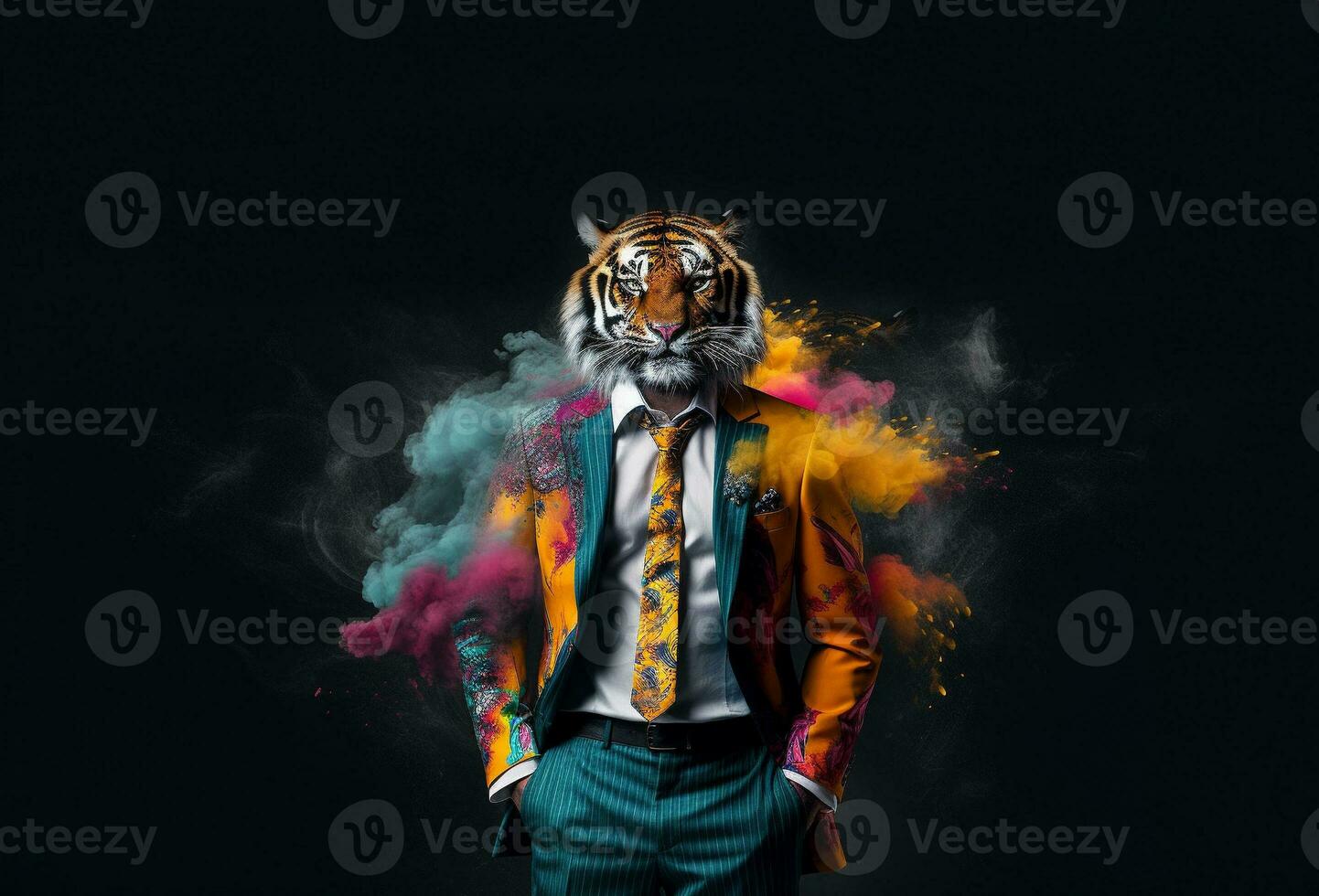 frente ver de un Tigre vistiendo un traje en pie animado rebaba. ai generativo. foto