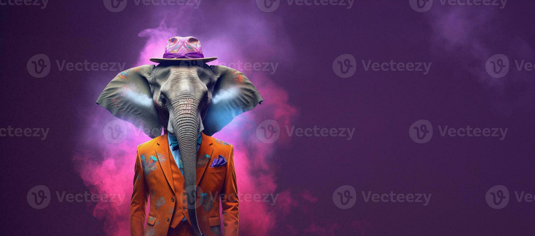 Front view of a elephant wearing a suit standing animated burs. AI Generative. photo