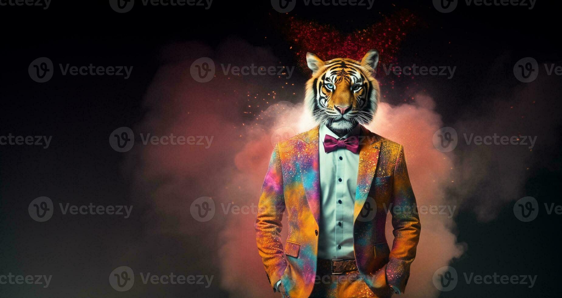 Front view of a tiger wearing a suit standing animated bur. AI Generative. photo