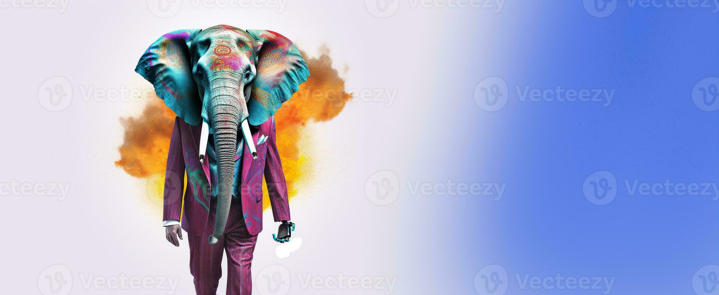 Front view of a elephant wearing a suit standing animated burs. AI Generative. photo