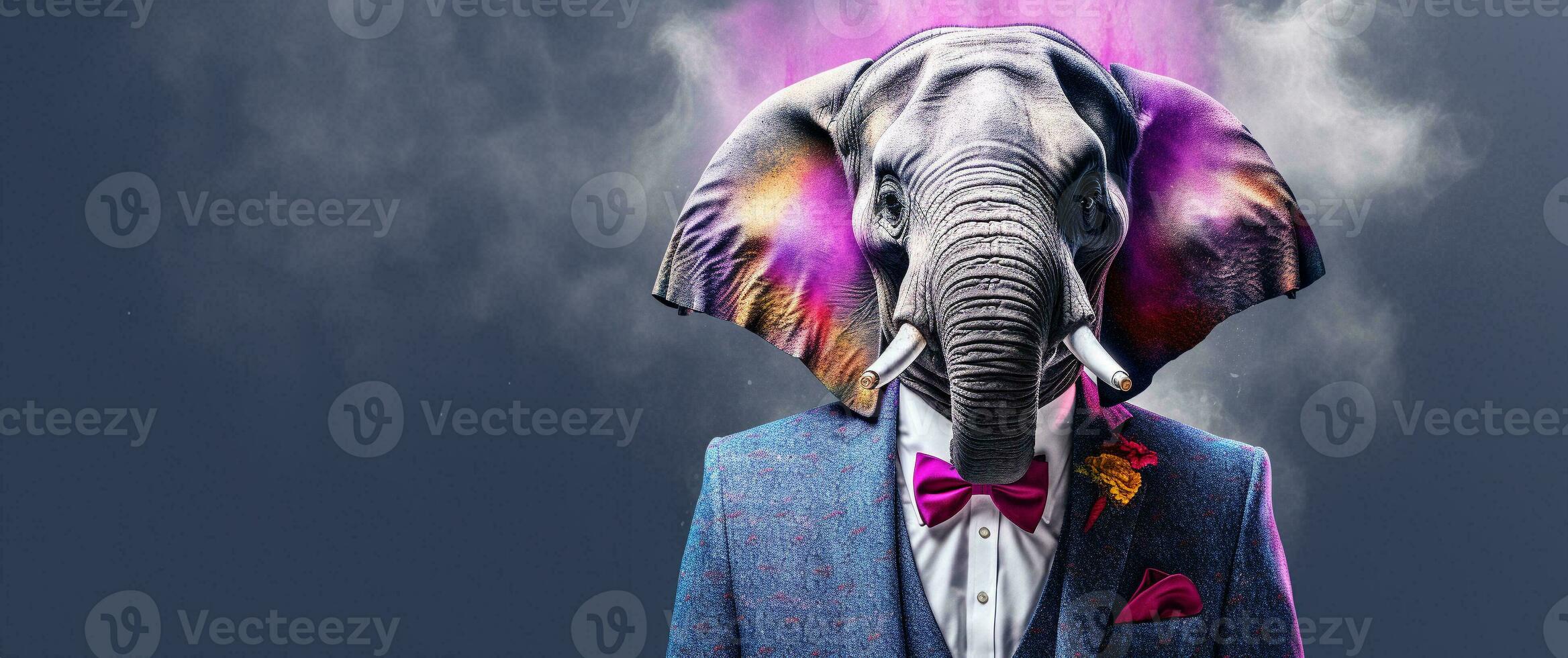 Front view of a elephant wearing a suit standing animated burs. AI Generative. photo