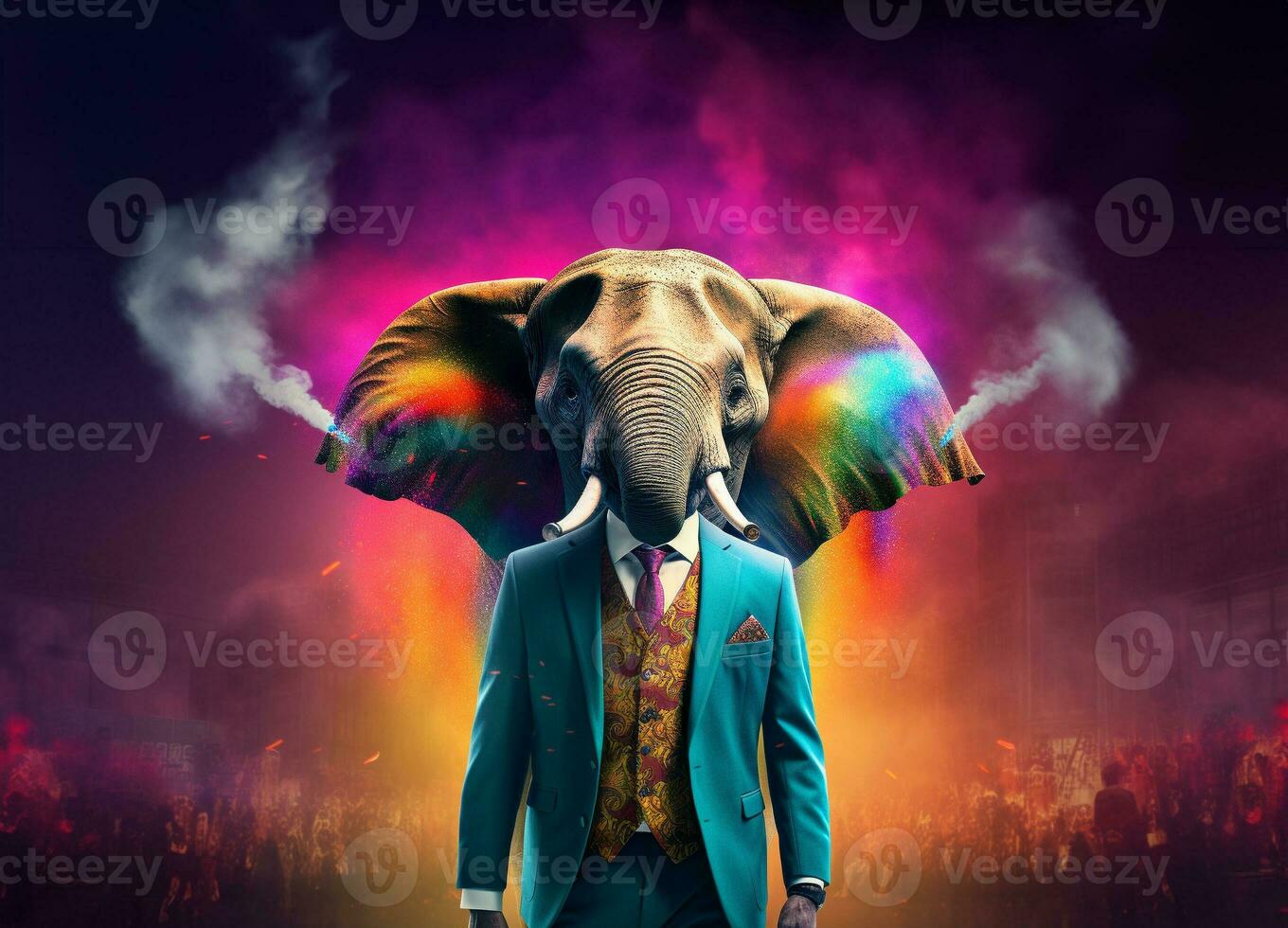 Front view of a elephant wearing a suit standing animated burs. AI Generative. photo