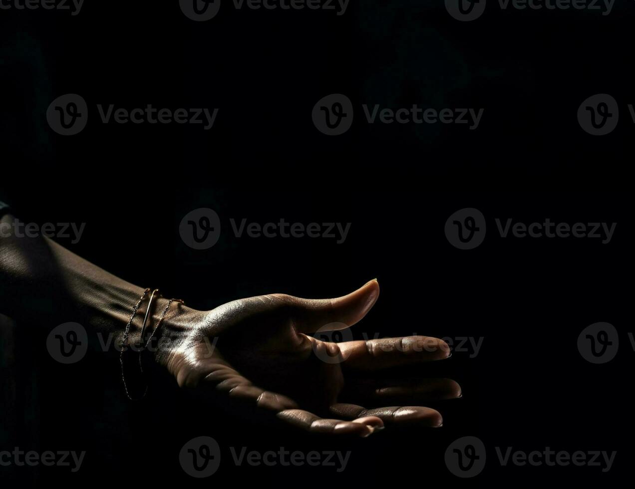 Human hand on dark background on empty space for text. Generative AI. photo