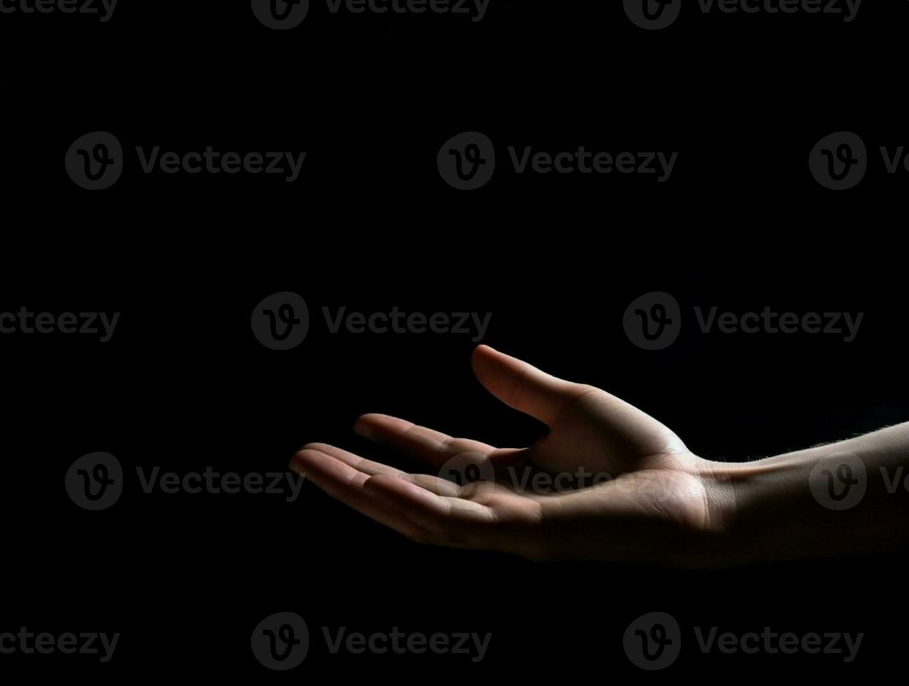 Human hand on dark background on empty space for text. Generative AI. photo