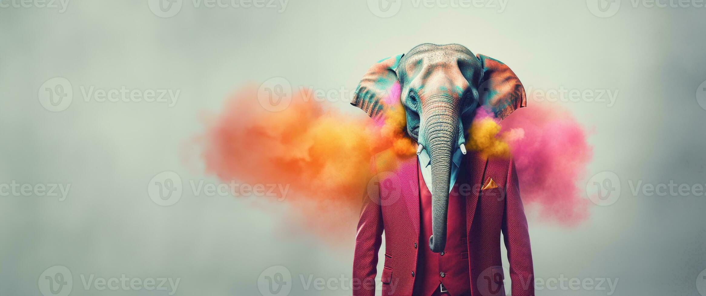 Front view of a elephant wearing a suit standing animated burs. AI Generative. photo