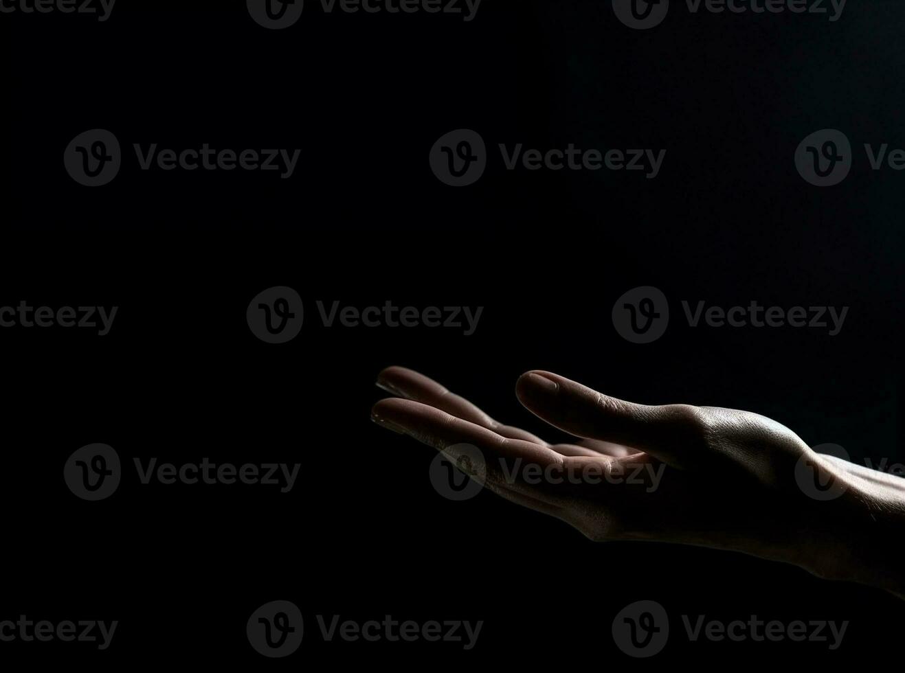 Human hand on dark background on empty space for text. Generative AI. photo