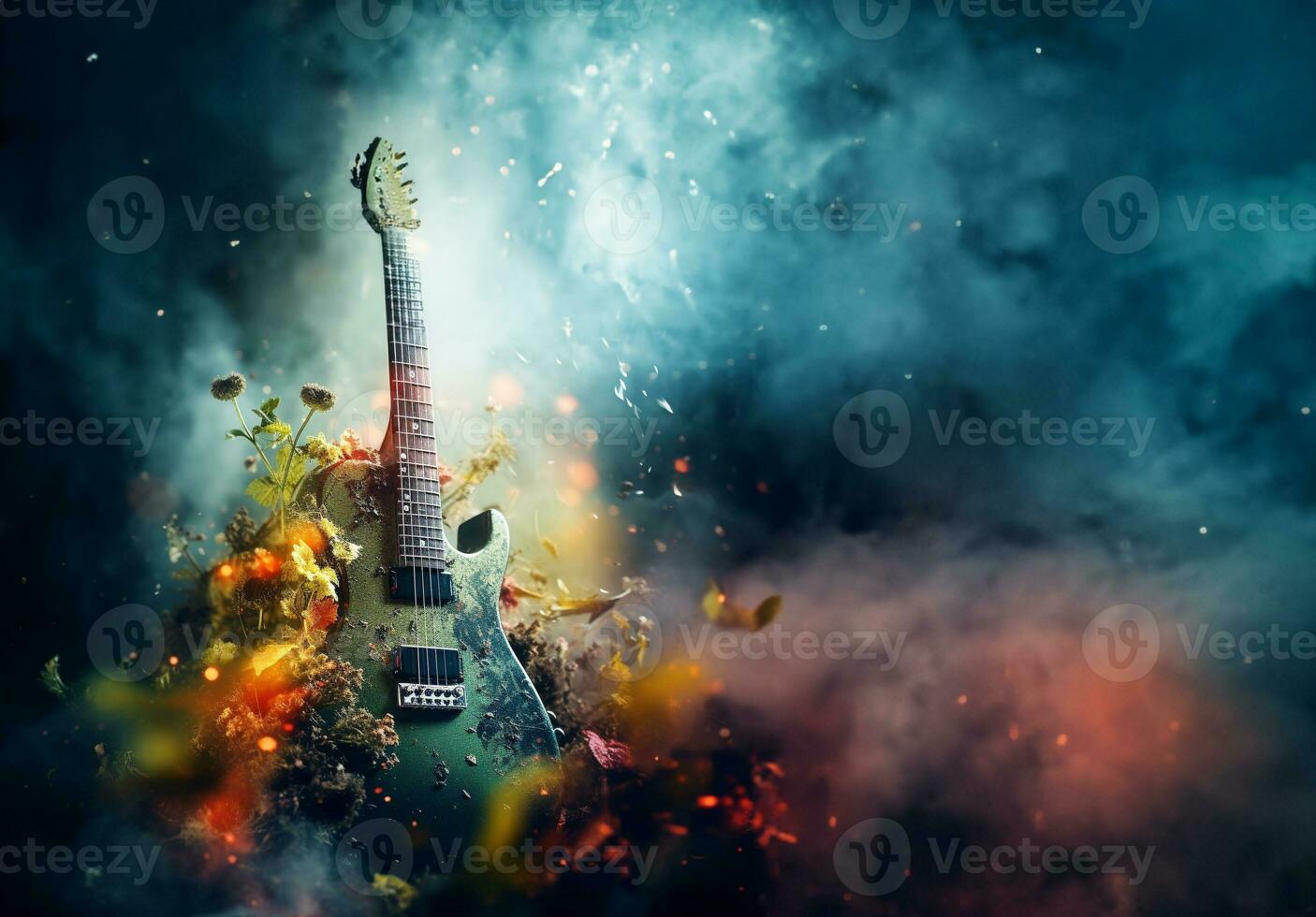acústico guitarra en fuego y agua alto resolución acústico guitarra en fuego y agua ilustración para guitarra concierto póster. foto
