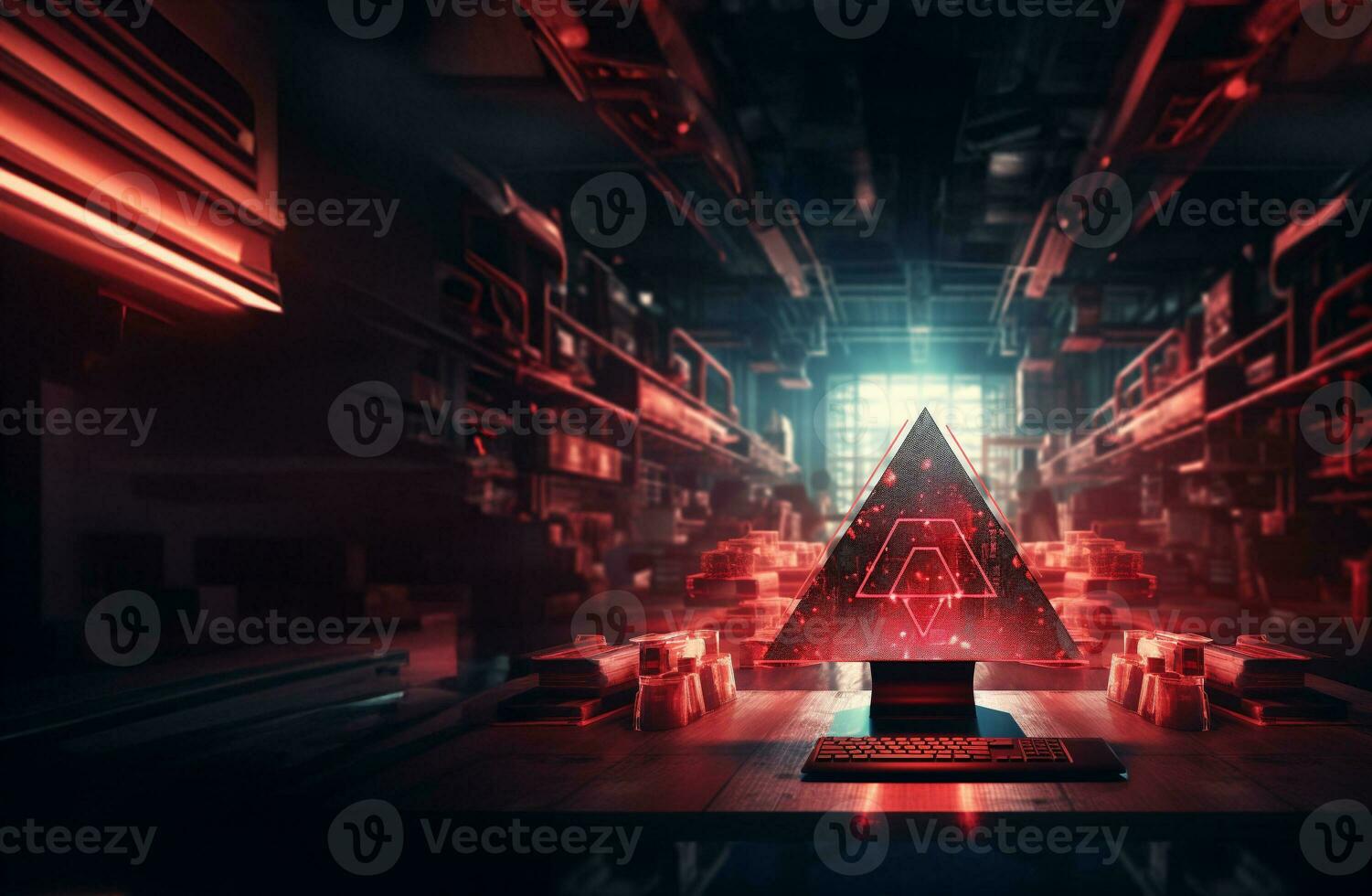 Technology and engineering concept Hacker attack system, red alert sign hologram and cybersecurity icons on empty space for text. photo
