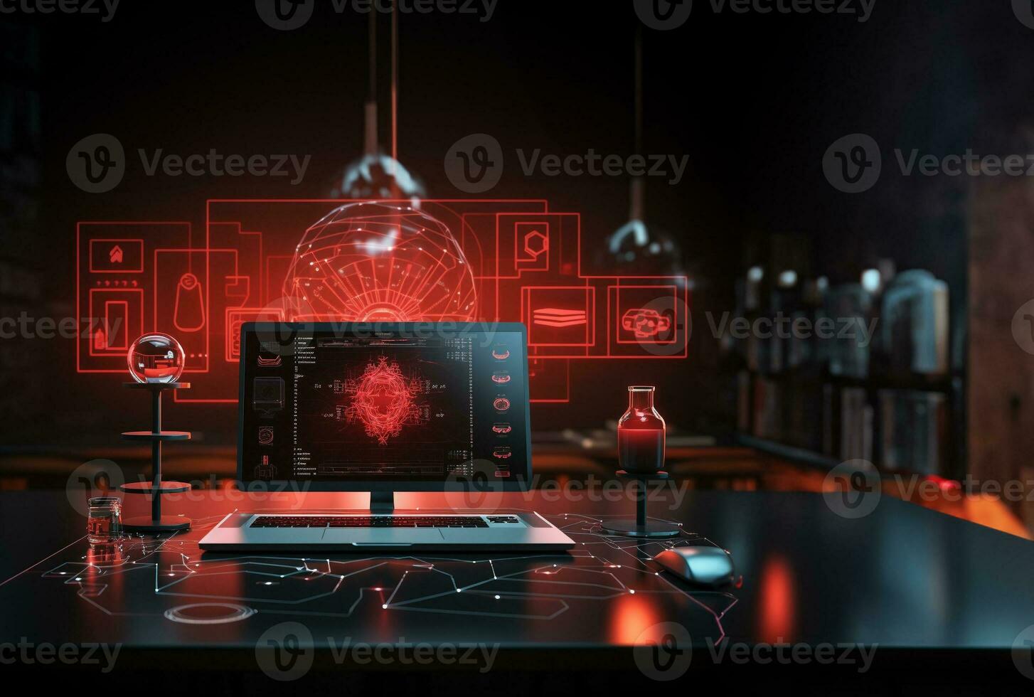 Technology and engineering concept Hacker attack system, red alert sign hologram and cybersecurity icons on empty space for text. photo