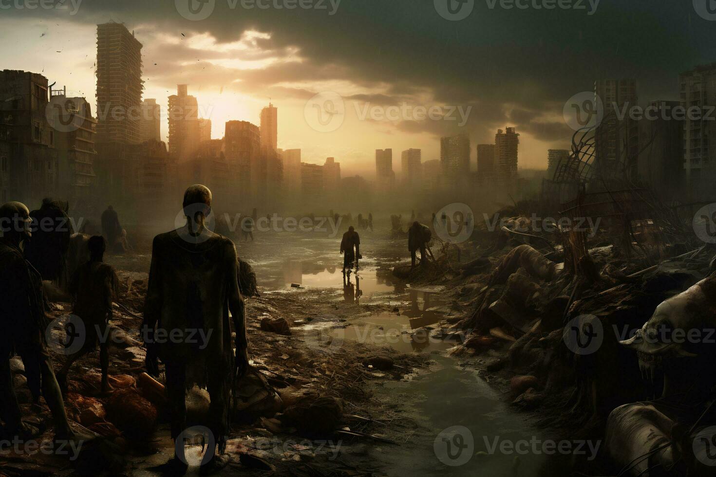 a thrilling and eerie scene of a zombie apocalypse AI Generative photo