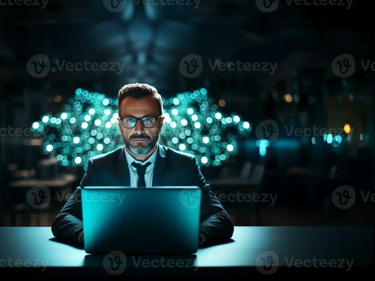 Businessman, artificial intelligence technology, keyboard, laptop, innovation, modern businessman. Generative AI. photo