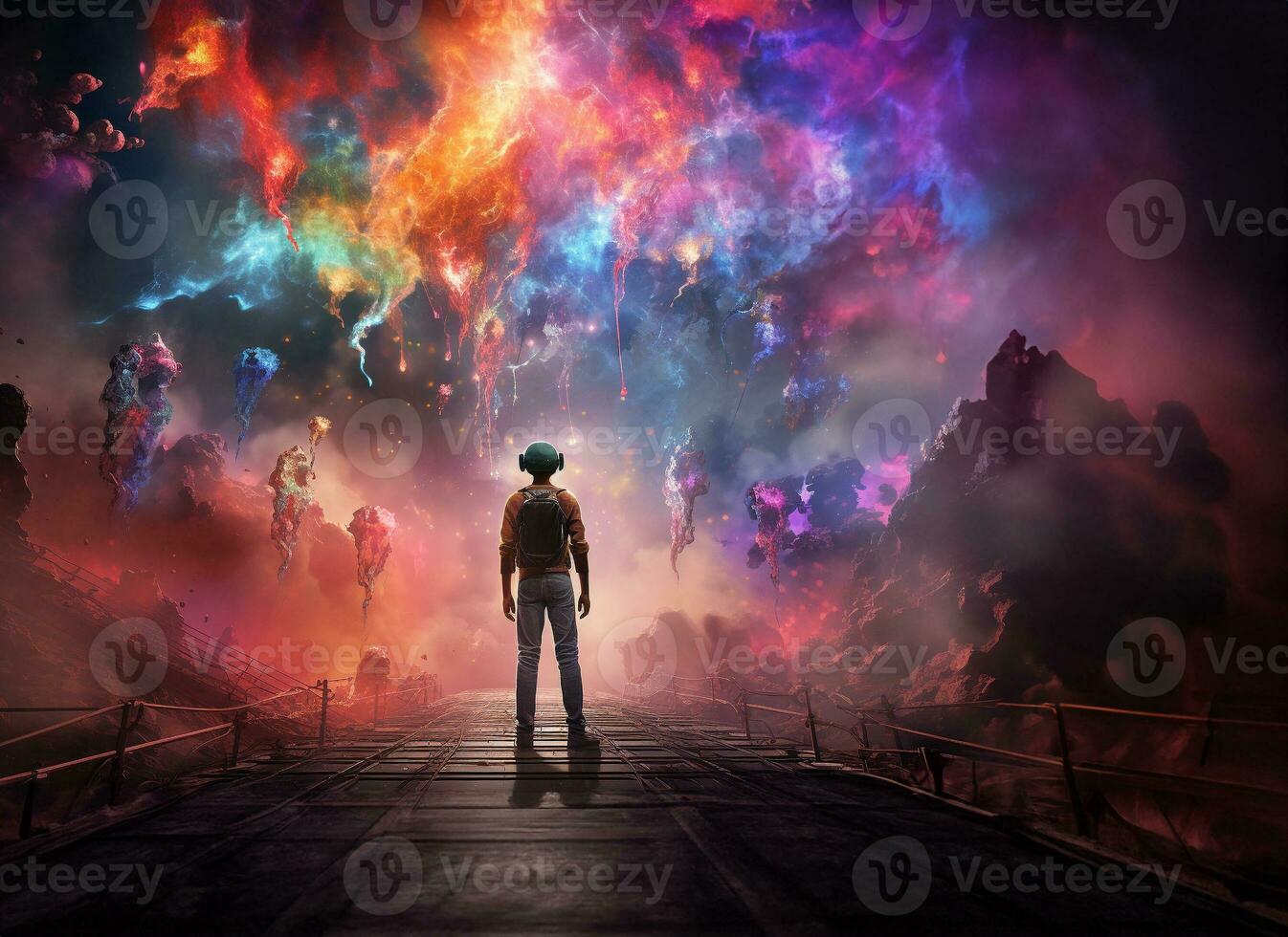 Metaverse AI man standing watching game world where your. AI Generative. photo
