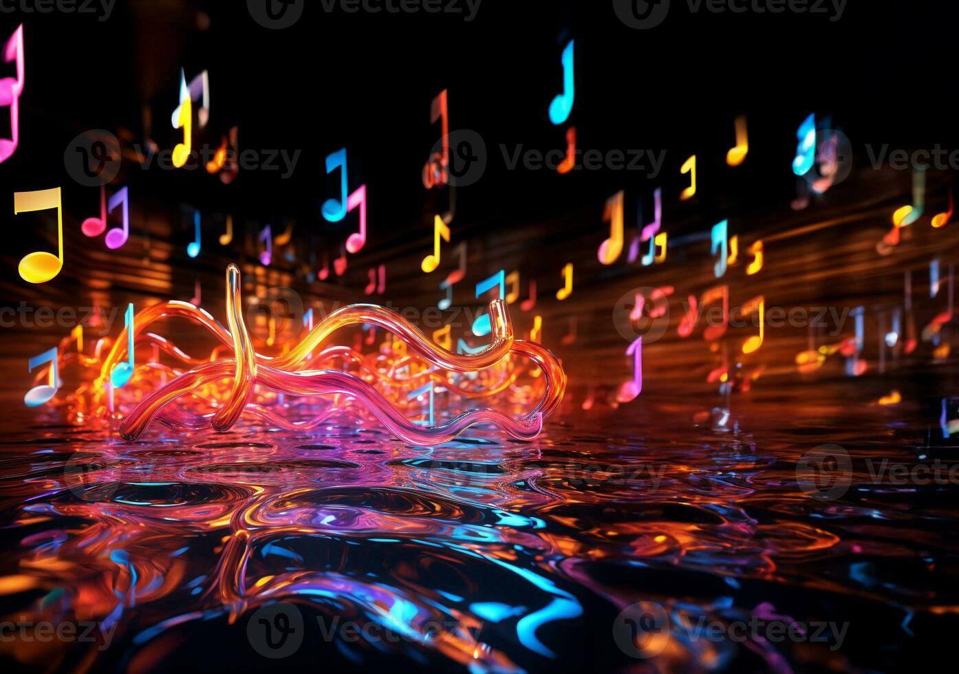 Realistic color explosion of music notes on red and black. AI Generative. photo