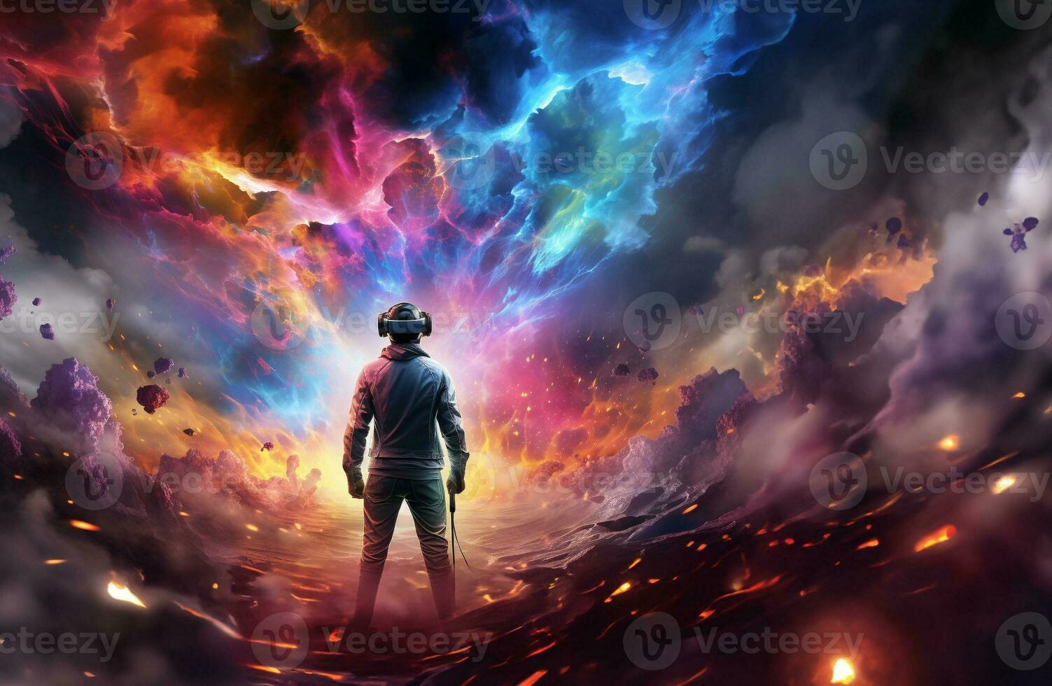 Metaverse AI man standing watching game world where your. AI Generative. photo