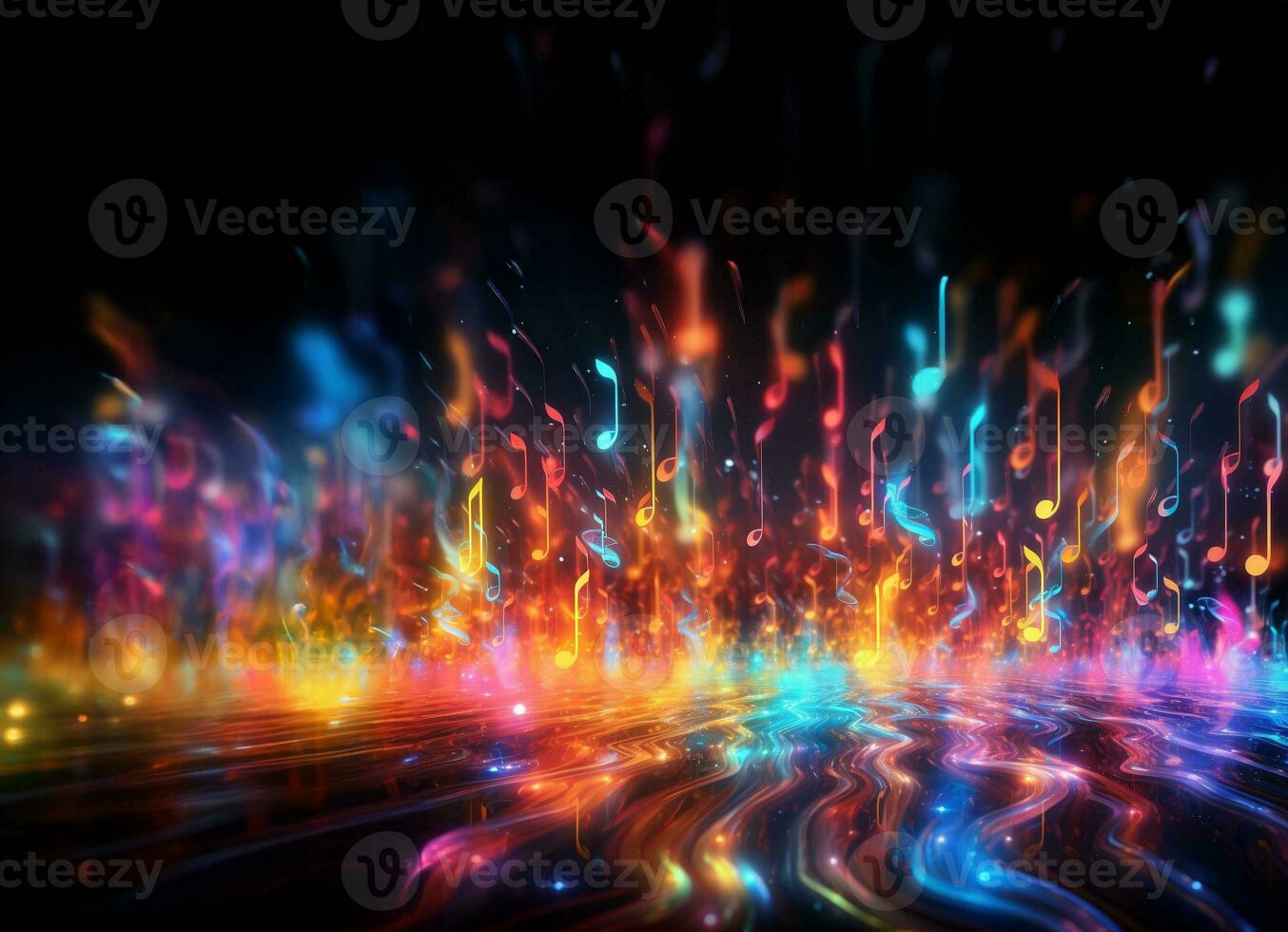 Realistic color explosion of music notes on red and black. AI Generative. photo