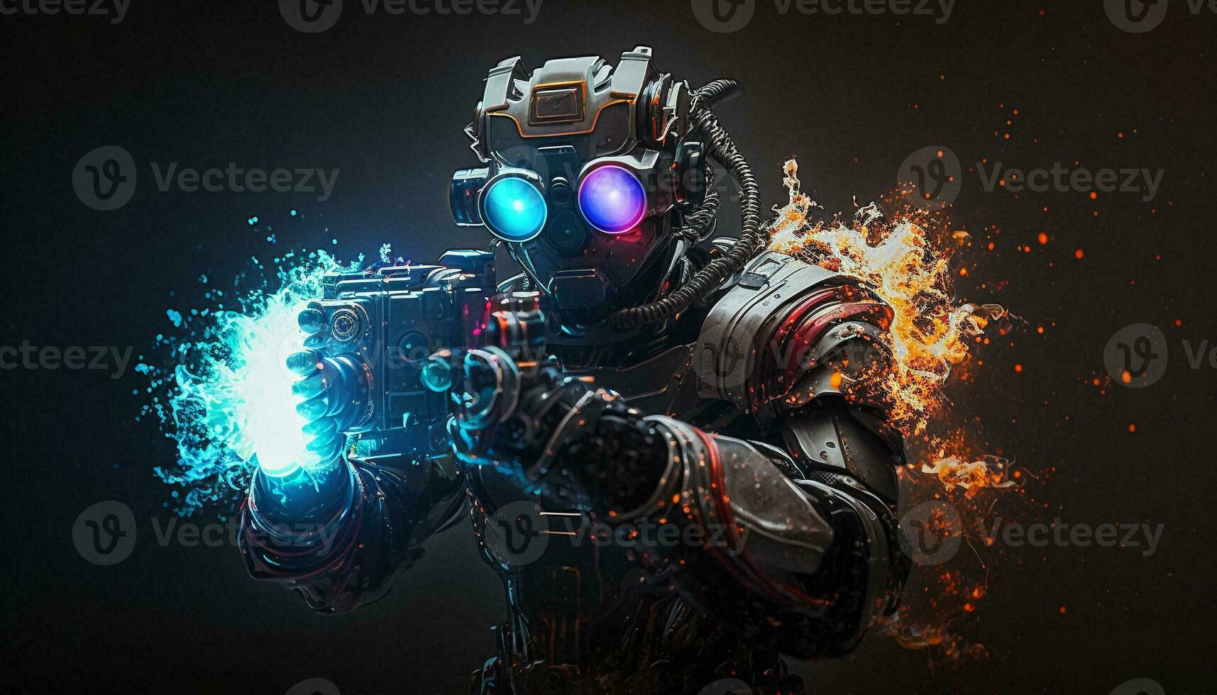 Exploding AI Metaverse Robot with Digital art style. Electric man superhero uses evil forces. photo