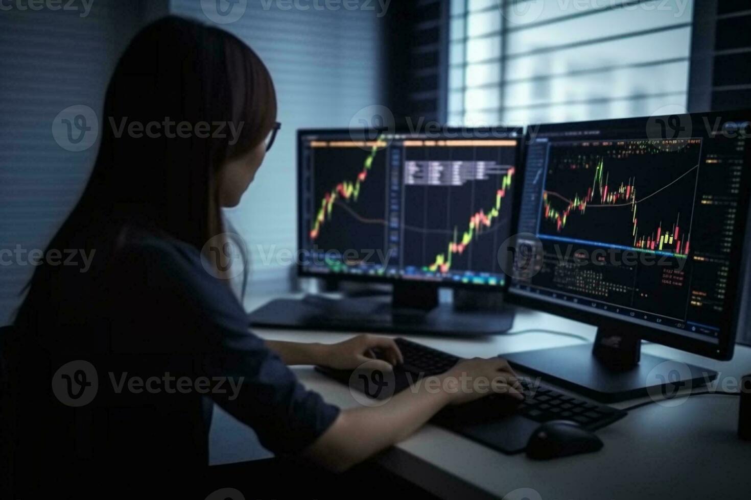 Woman working online in the office with multiple computer screens in index charts. AI Generative. photo
