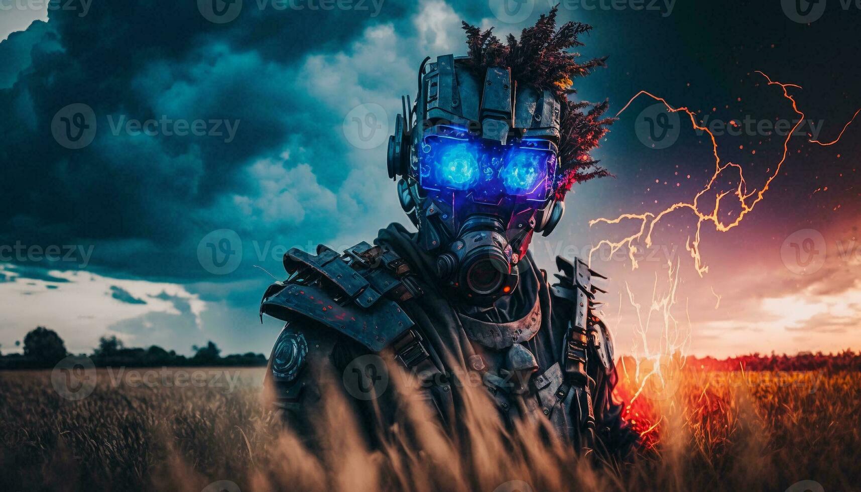 Exploding AI Metaverse Robot with Digital art style. Electric man superhero uses evil forces. photo