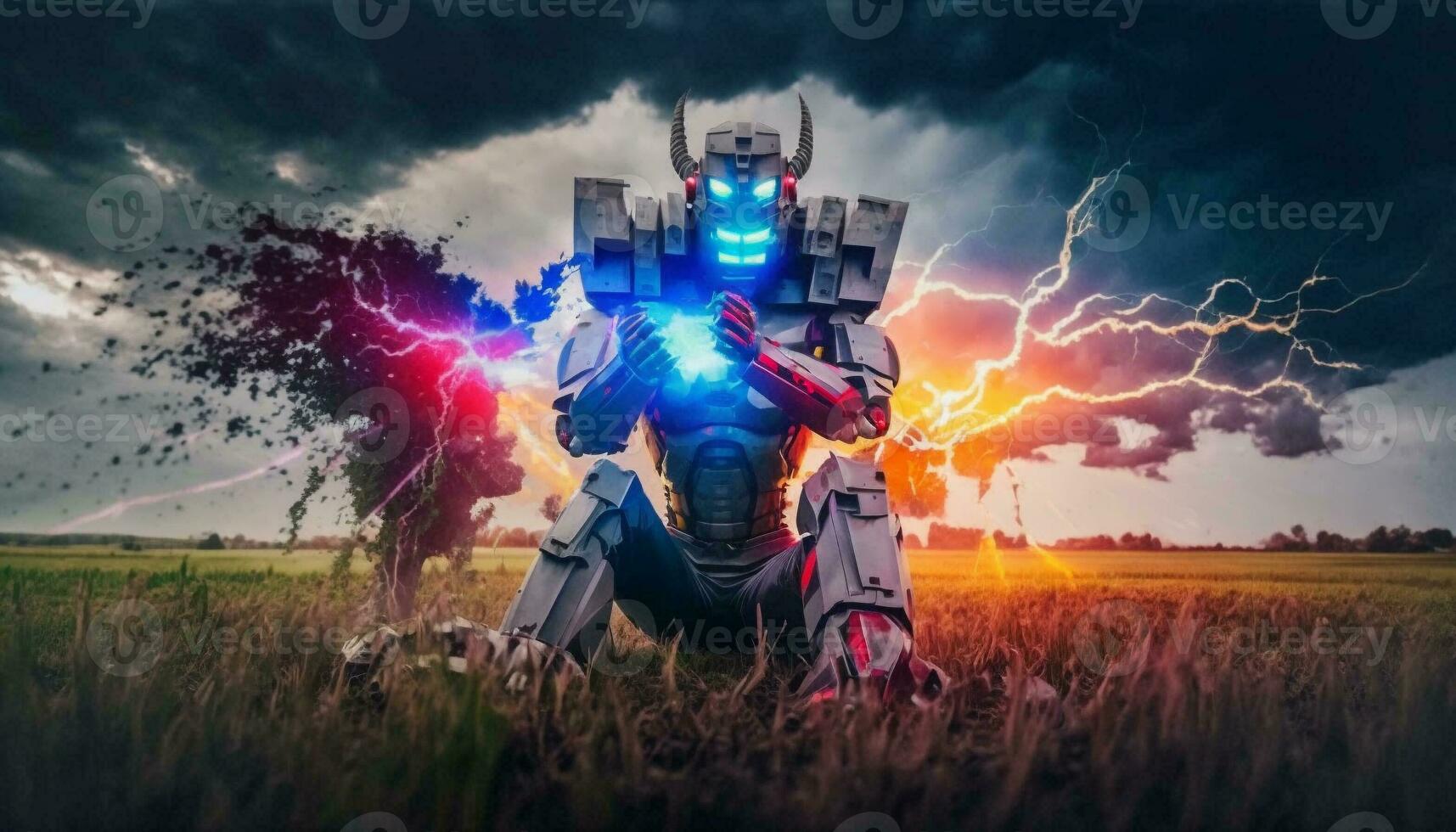 Exploding AI Metaverse Robot with Digital art style. Electric man superhero uses evil forces. photo
