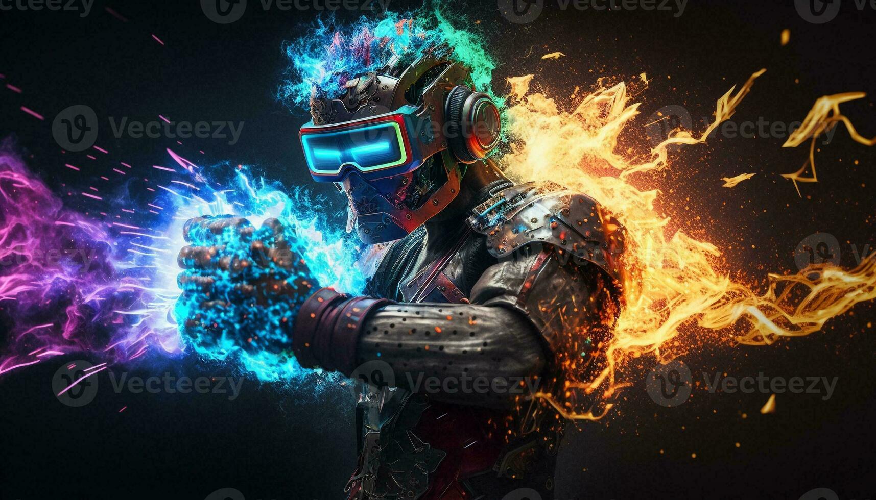 Exploding AI Metaverse Robot with Digital art style. Electric man superhero uses evil forces. photo