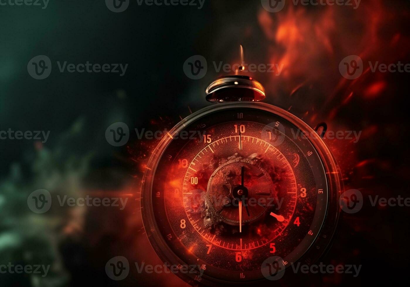 time concept Silhouette of hourglass and old vintage wooden clock with arrows and smoke on dark background and symbol of time. photo