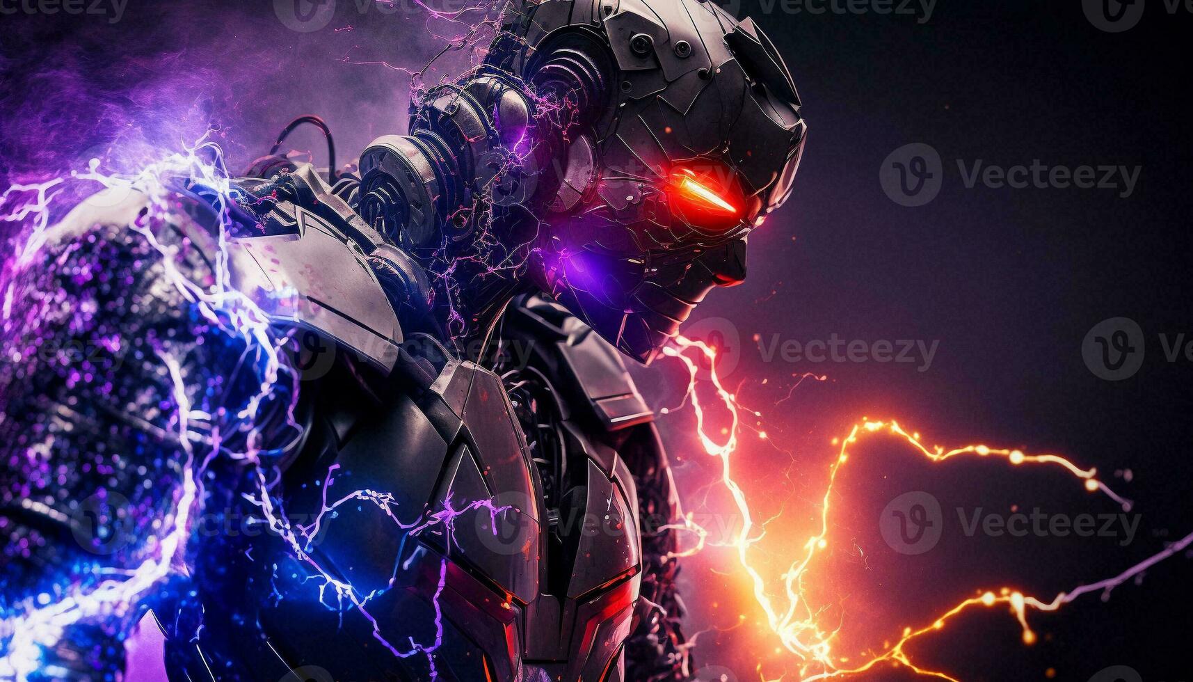 Exploding AI Metaverse Robot with Digital art style. Electric man superhero uses evil forces. photo