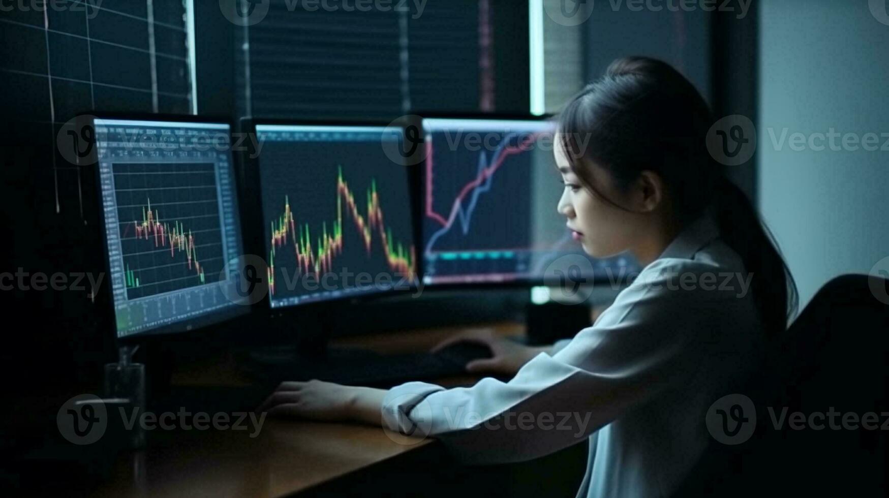Woman working online in the office with multiple computer screens in index charts. AI Generative. photo