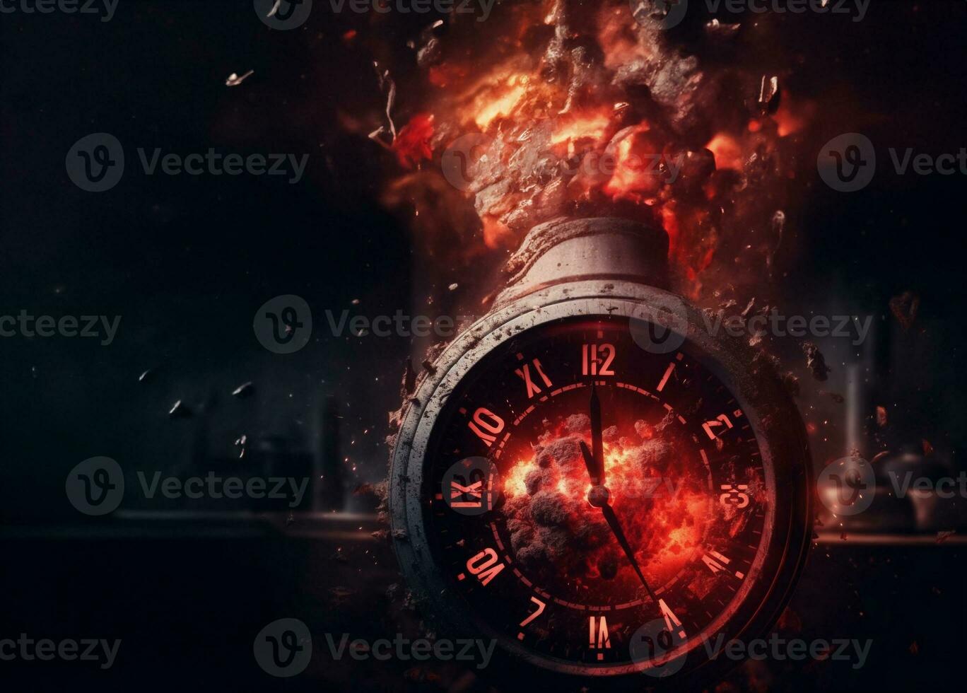 time concept Silhouette of hourglass and old vintage wooden clock with arrows and smoke on dark background and symbol of time. photo