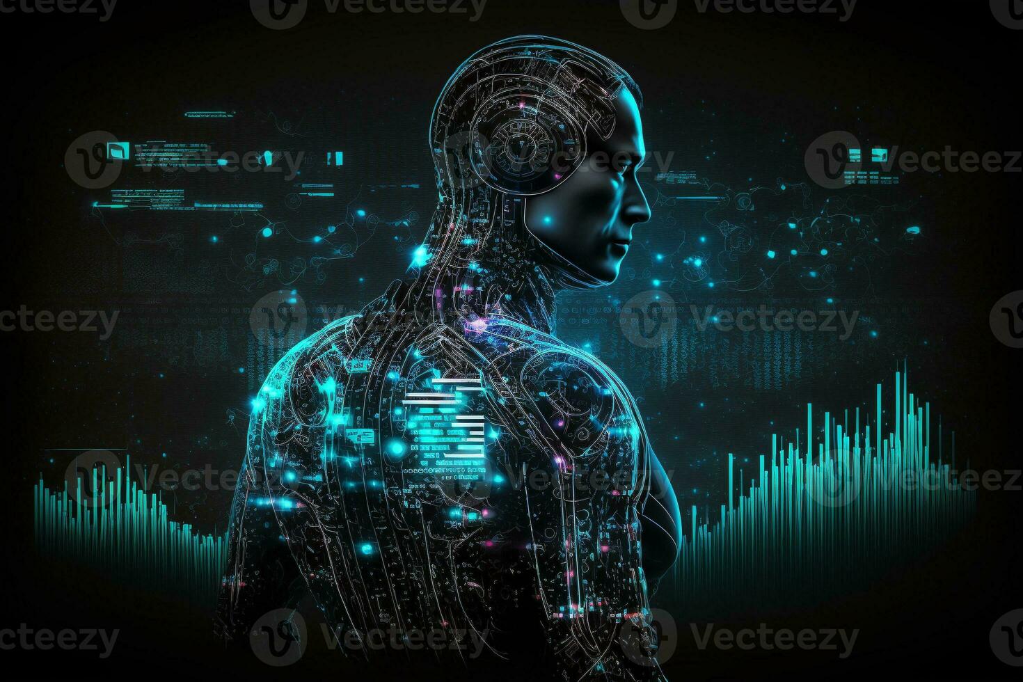AI Metaverse concept collage with robots on Forex technology. AI Generative. photo