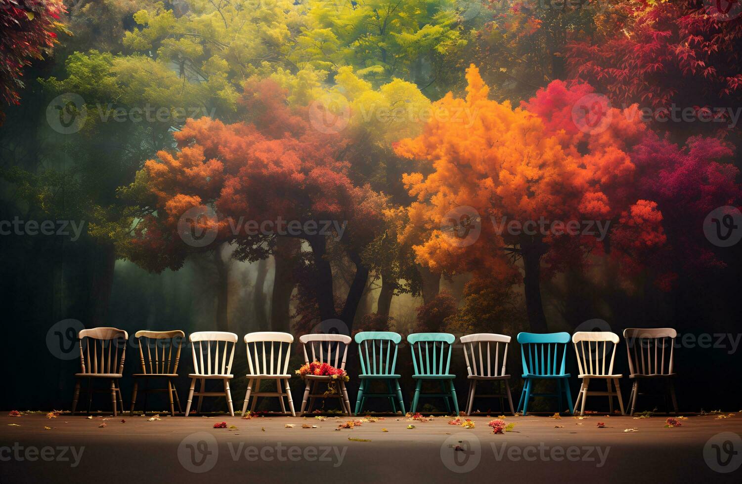 Colorful wooden chairs on the board contrast with the background of colorful flowers and trees. photo