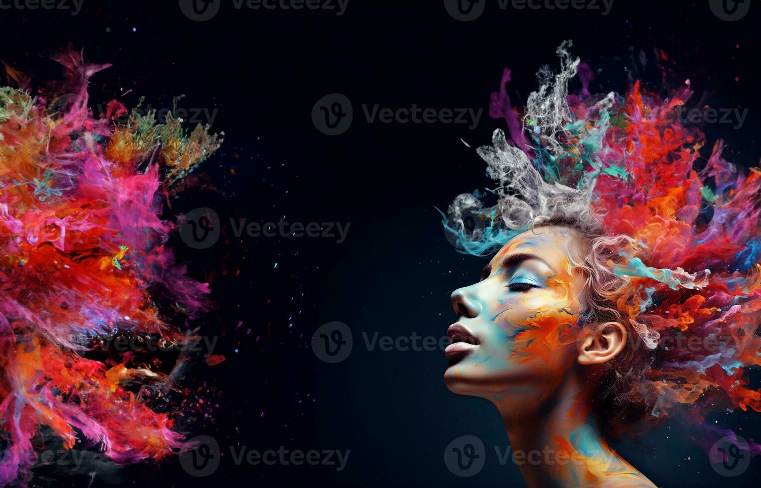 Beautiful fantasy abstract portrait of young woman With colorful digital paint splashes on empty space for text. photo