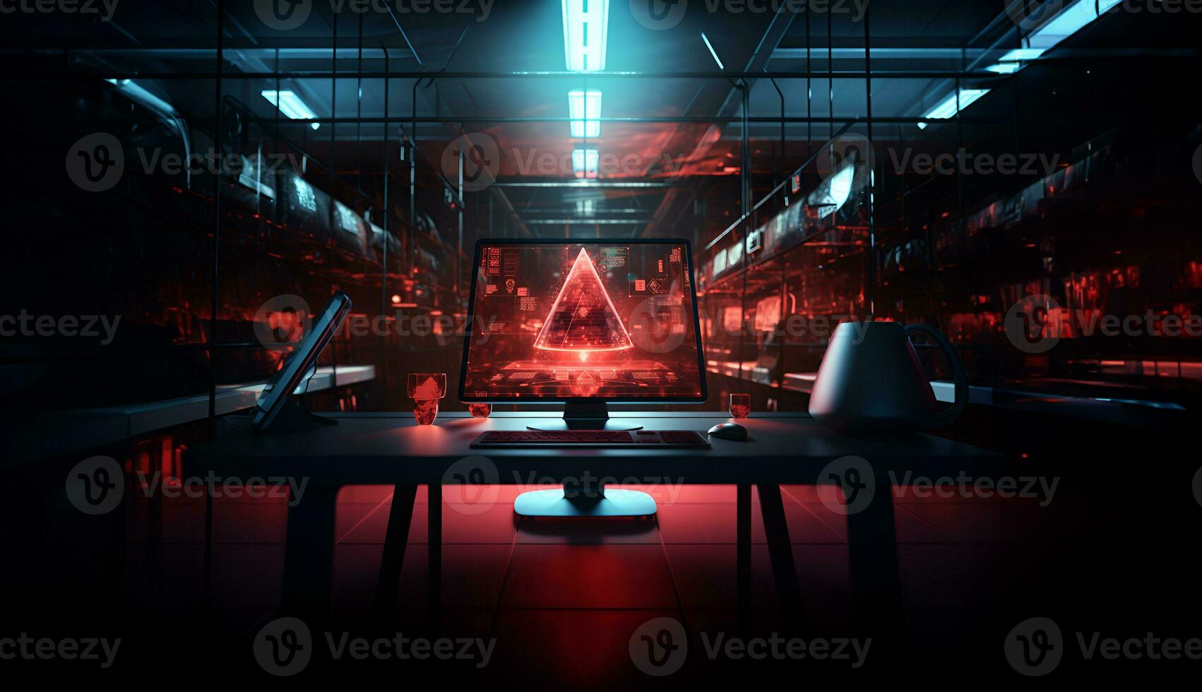 Technology and engineering concept Hacker attack system, red alert sign hologram and cybersecurity icons on empty space for text. photo