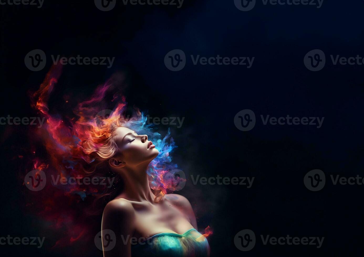 Beautiful fantasy abstract portrait of young woman With colorful digital paint splashes on empty space for text. photo