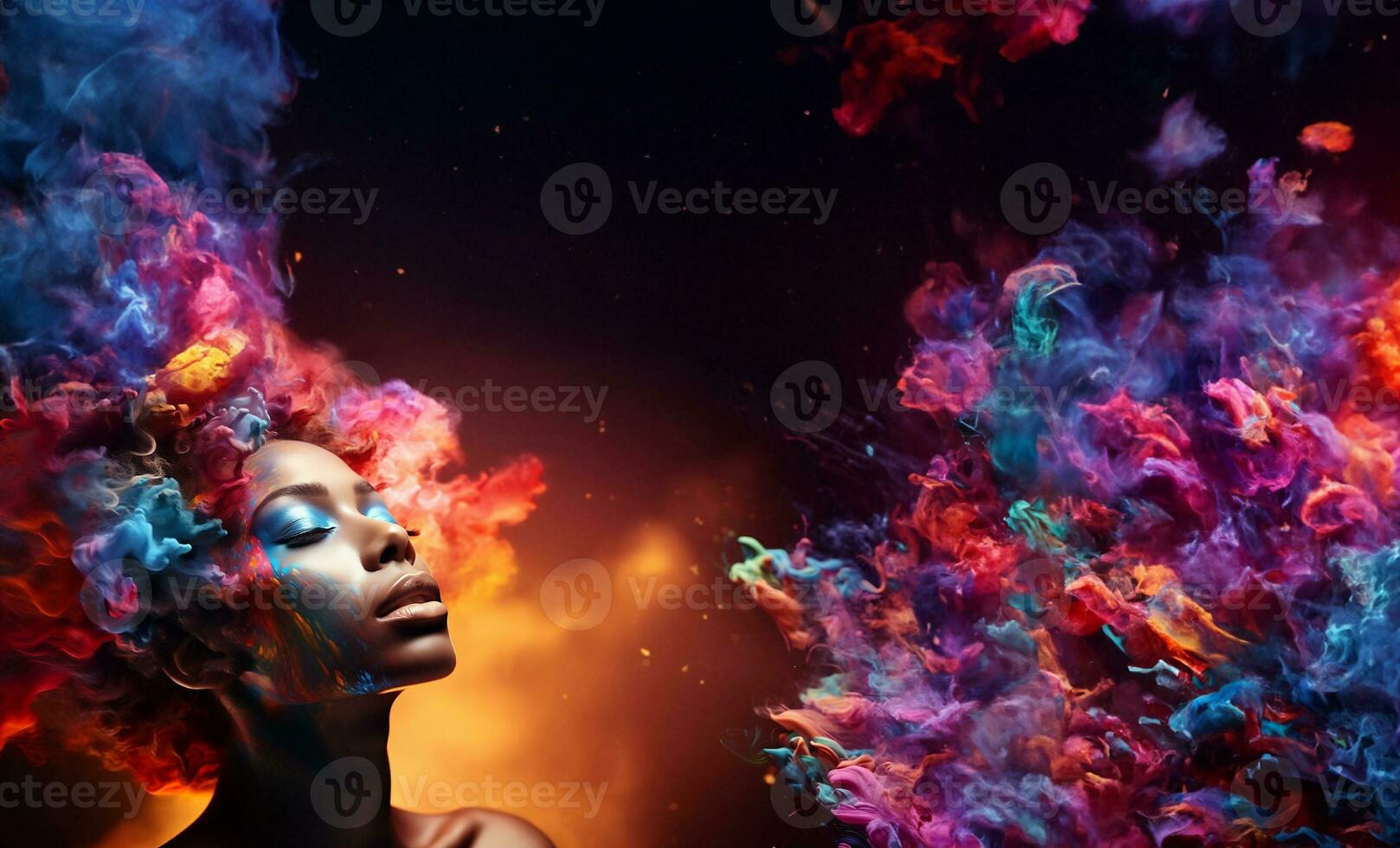 Beautiful fantasy abstract portrait of young woman With colorful digital paint splashes on empty space for text. photo