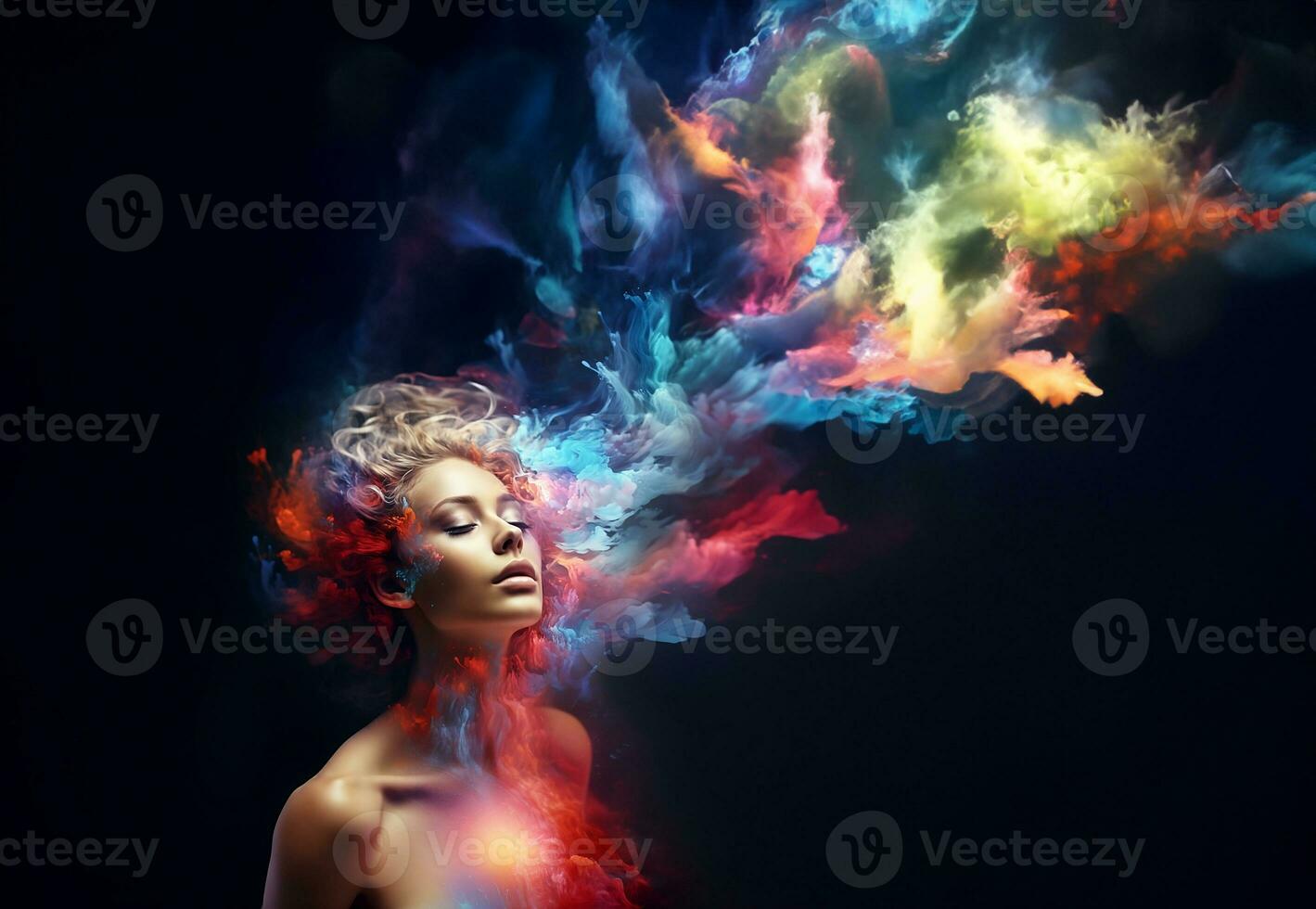 Beautiful fantasy abstract portrait of young woman With colorful digital paint splashes on empty space for text. photo