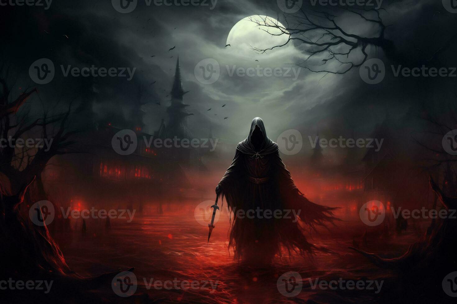 Scary grim reapers arrival at a haunted cemetary AI Generative photo