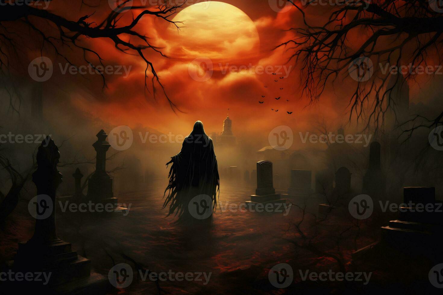 Scary grim reapers arrival at a haunted cemetary AI Generative photo