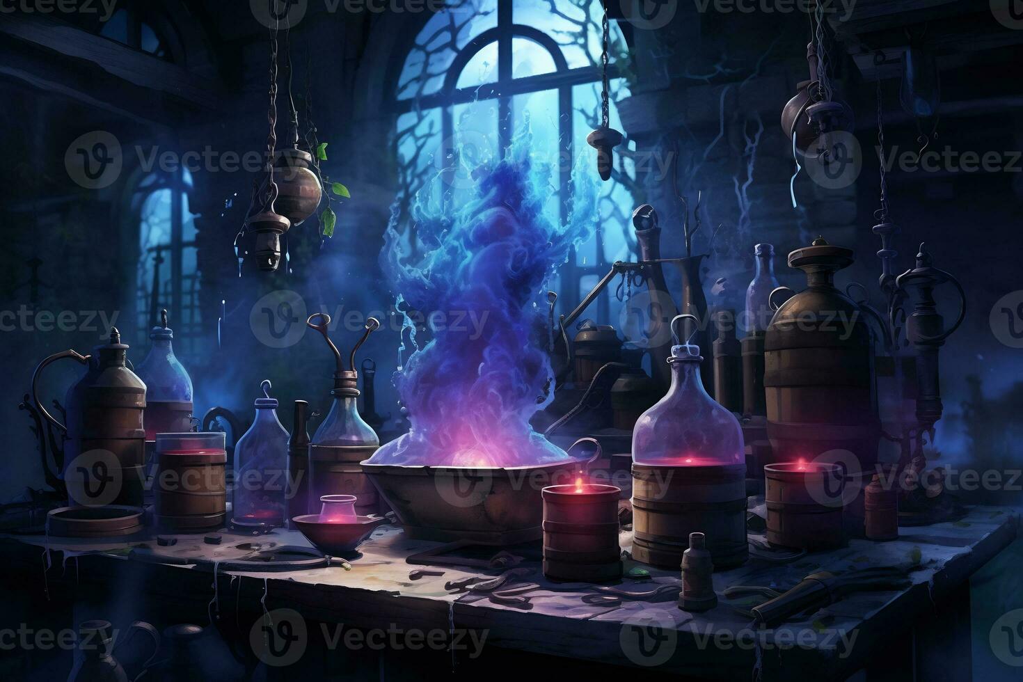 An eerie scene of a witch potion laboratory AI Generative photo