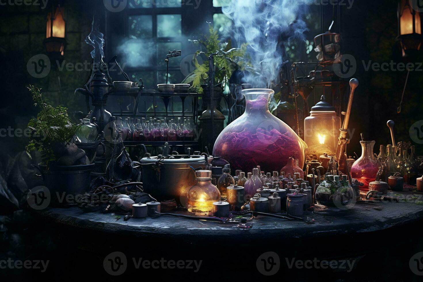 An eerie scene of a witch potion laboratory AI Generative photo