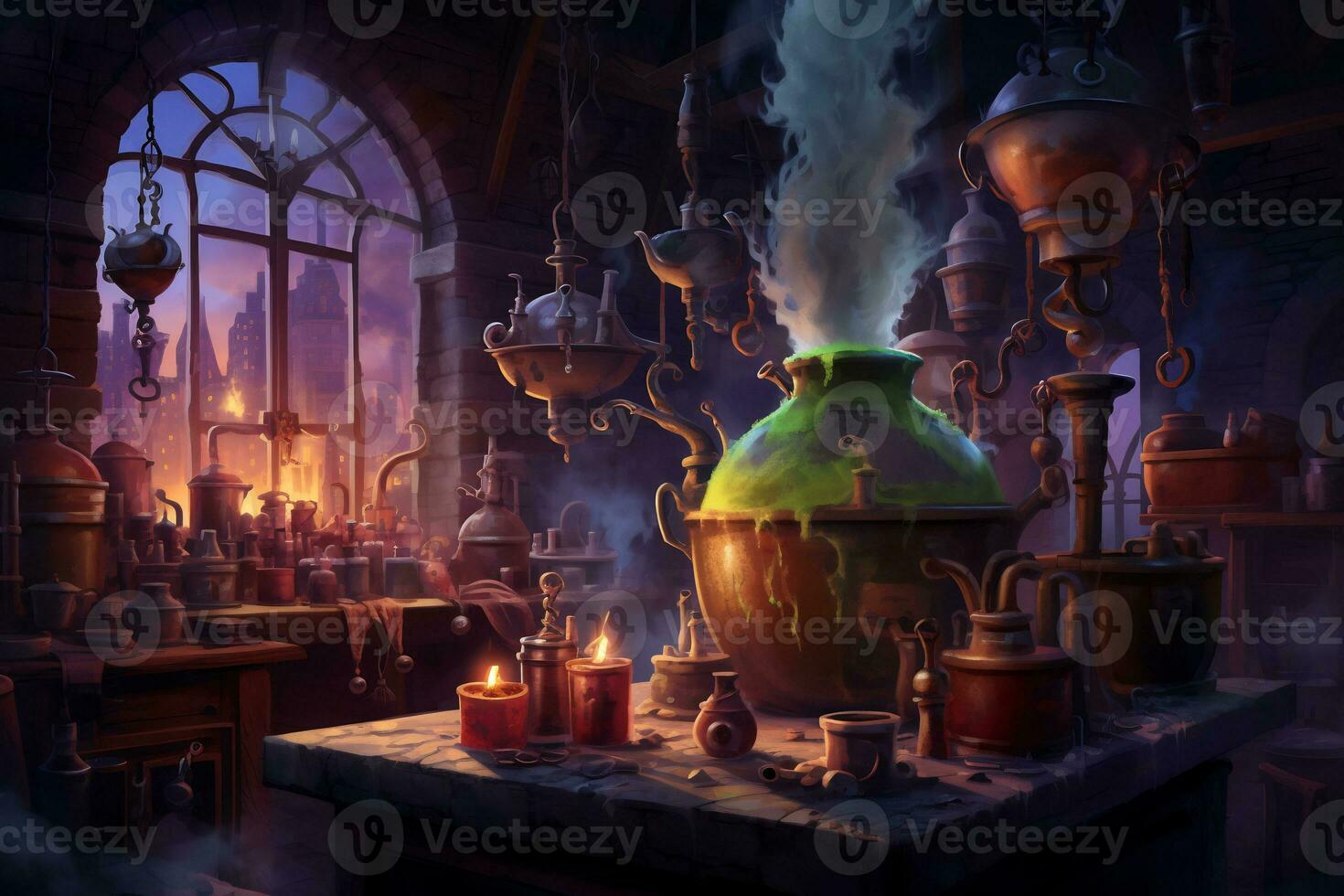 An eerie scene of a witch potion laboratory AI Generative photo