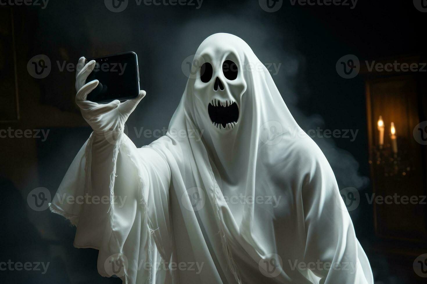A comical ghost taking a selfie with a humorous expression, combining modern technology with a classic Halloween character. Generative AI photo