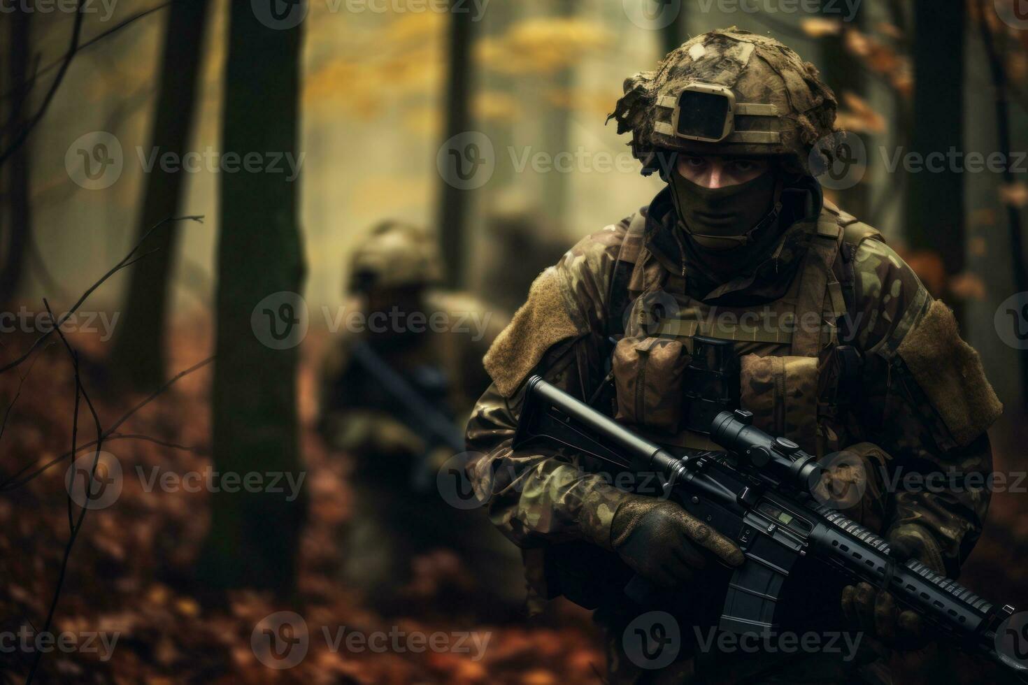 Soldiers in autumn camouflage uniforms in a forest, showcasing military readiness. Generative Ai photo