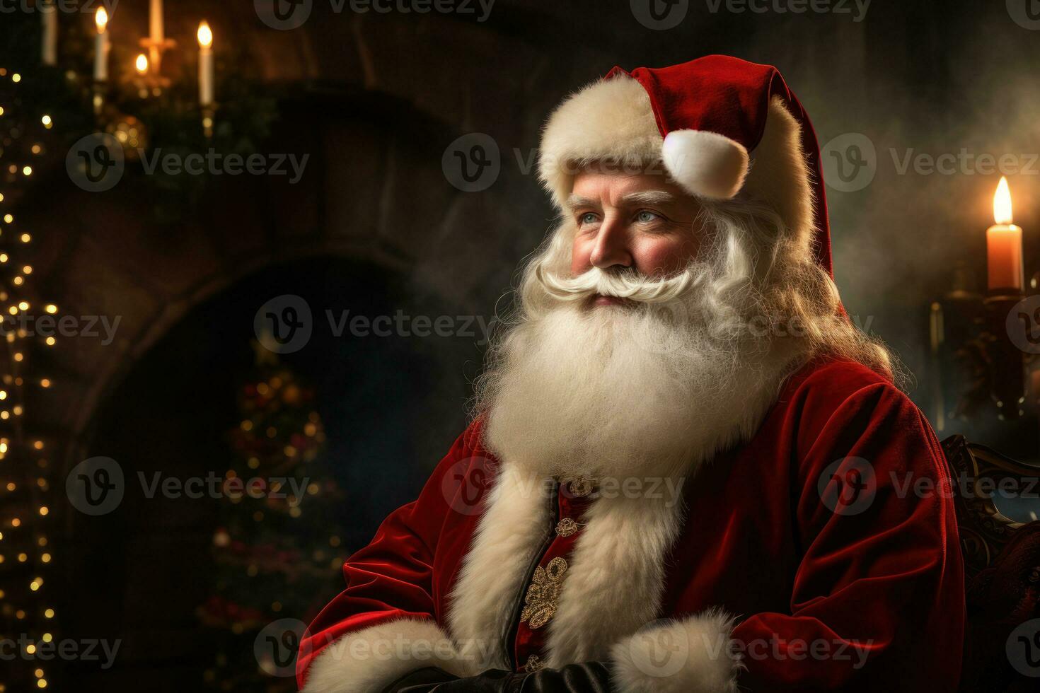 A classic image of Santa Claus, impeccably dressed and surrounded by the enchantment of holiday wonder. Generative Ai photo