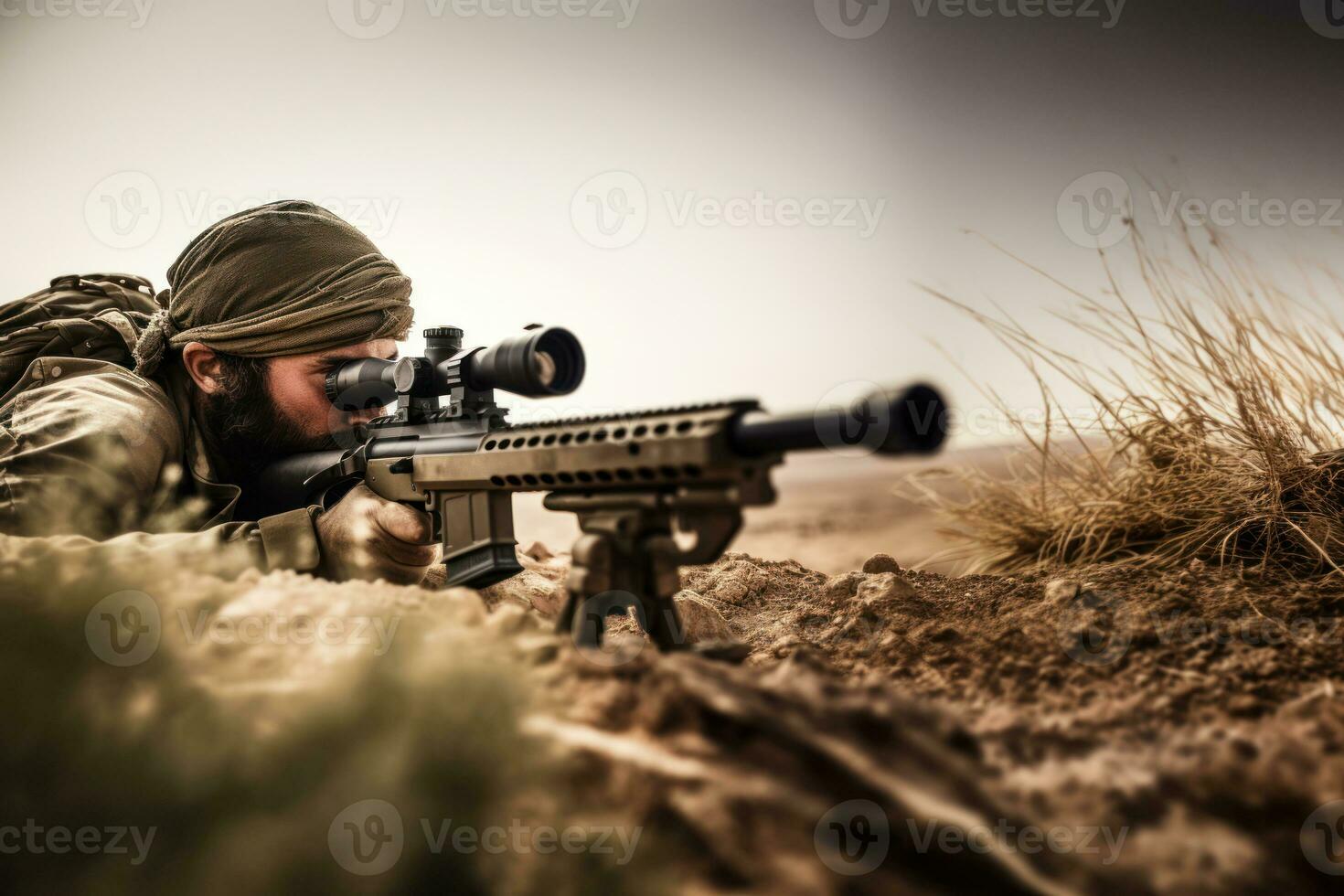 A sniper carefully aiming at a distant target, focusing on accuracy and concentration. Generative Ai photo