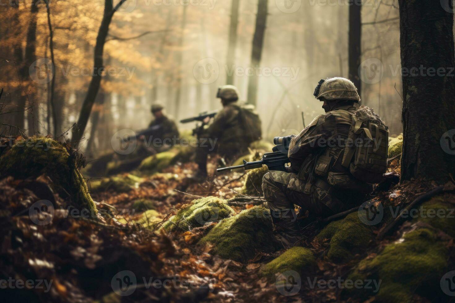 Soldiers in autumn camouflage uniforms in a forest, showcasing military readiness. Generative Ai photo