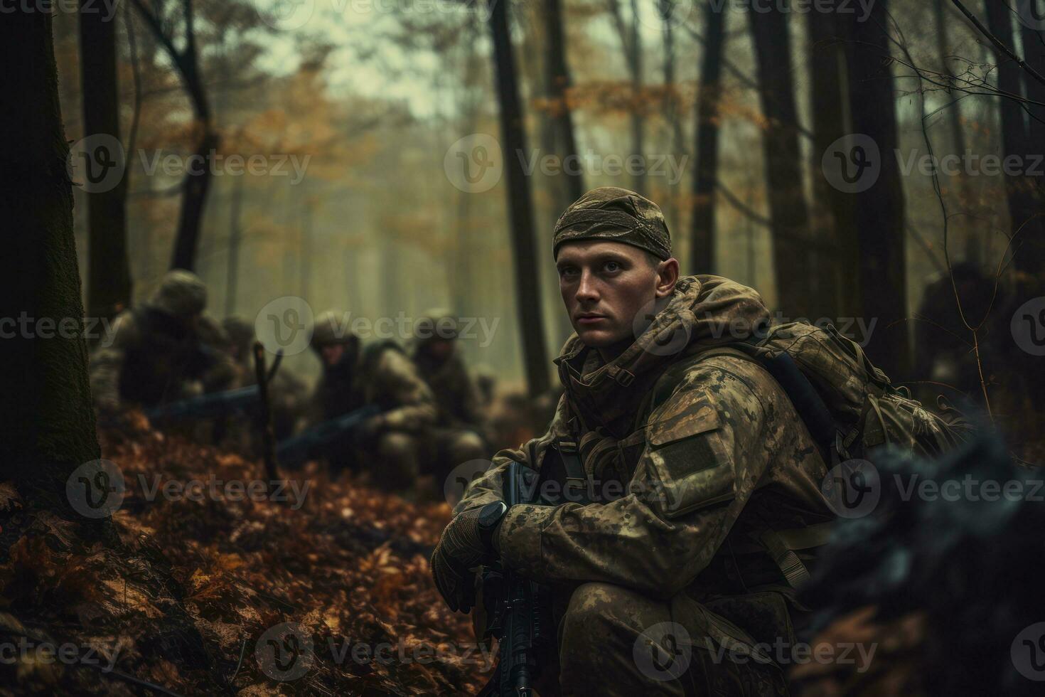 Soldiers in autumn camouflage uniforms in a forest, showcasing military readiness. Generative Ai photo