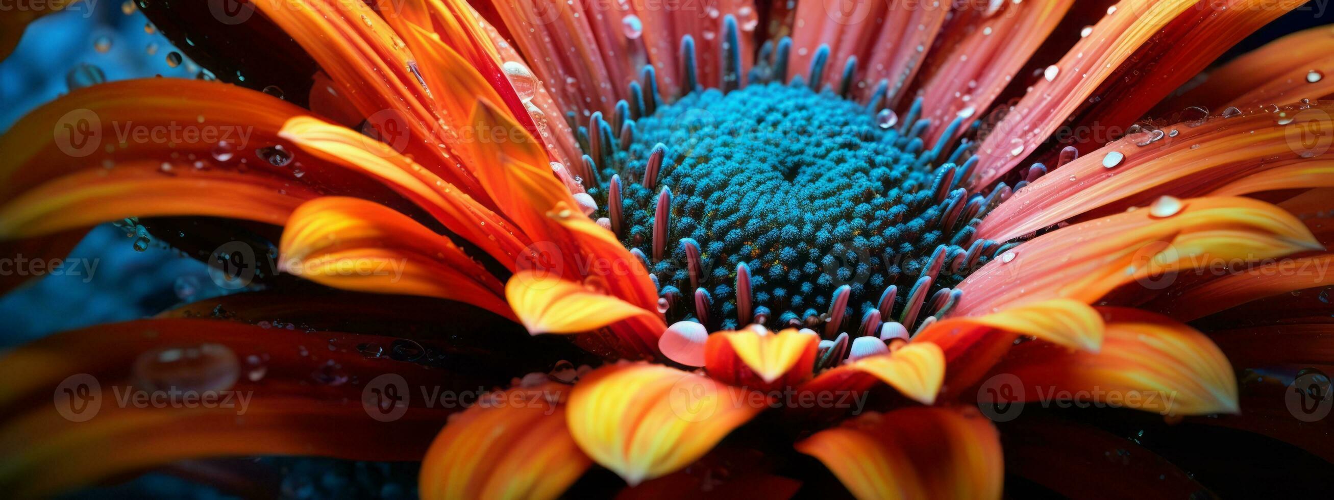 An up-close and detailed shot of a blooming flower, capturing the intricate details and vibrant colors in an eye-catching manner. Web banner backdrop. Generative Ai photo